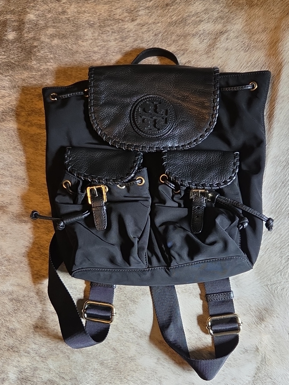 Tory Burch Black Nylon Backpack with Leather Trim & Gold Hardware